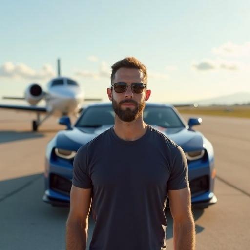Man stands in front of a blue Camaro. Airplane is parked in the background on the runway. The scene is captured in sunlight. The man wears sunglasses.