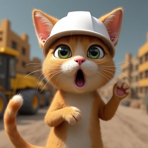 A realistic cat has a surprised expression with wide-open eyes and a slightly agape mouth. The cat stands in a construction zone wearing a white helmet. Its tail is curled up and a paw is raised, suggesting excitement or surprise.