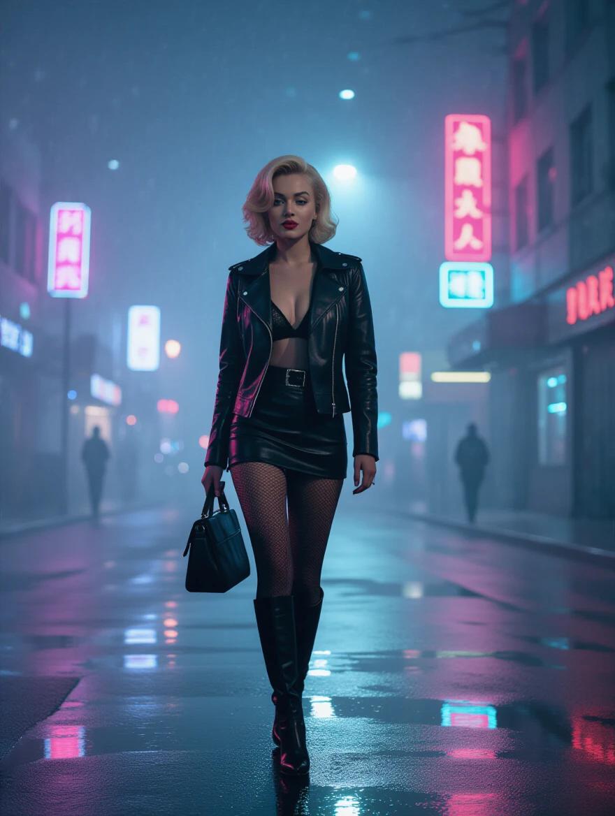 Night scene with a stylish figure in a leather outfit. Urban street illuminated by neon lights. Foggy atmosphere creates an enigmatic mood. The figure walks confidently down the street. Fashion and cyberpunk elements are prominent.