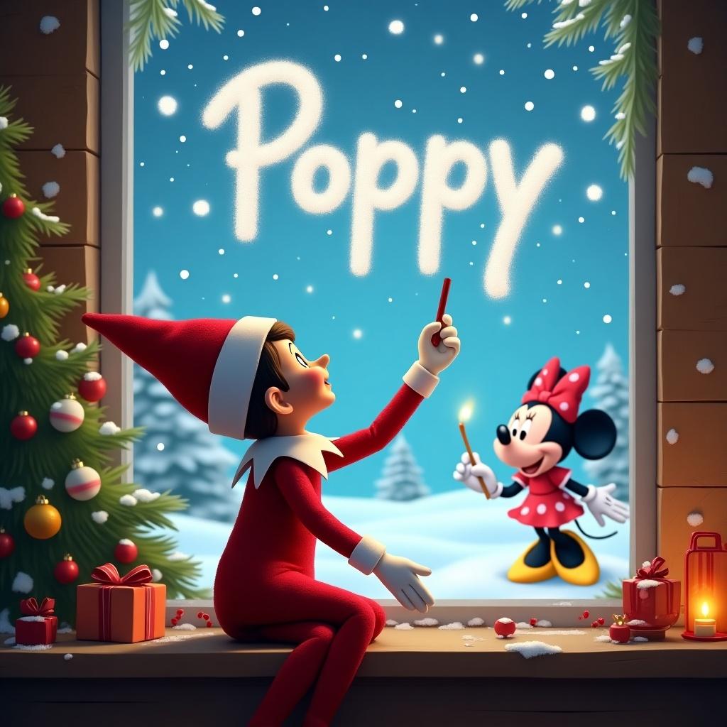 The scene features an elf on the shelf character with his back to the viewer, gazing up towards the sky. He is using a magical wand to write the name 'Poppy' in a sparkling manner. The background is a picturesque Disney Christmas setting with falling snow and twinkling lights. In the foreground, Minnie Mouse watches the elf, embodying the festive spirit. Surrounding them are presents and a beautifully decorated Christmas tree. The illustration conveys a sense of wonder and holiday joy, appealing to children and families alike.