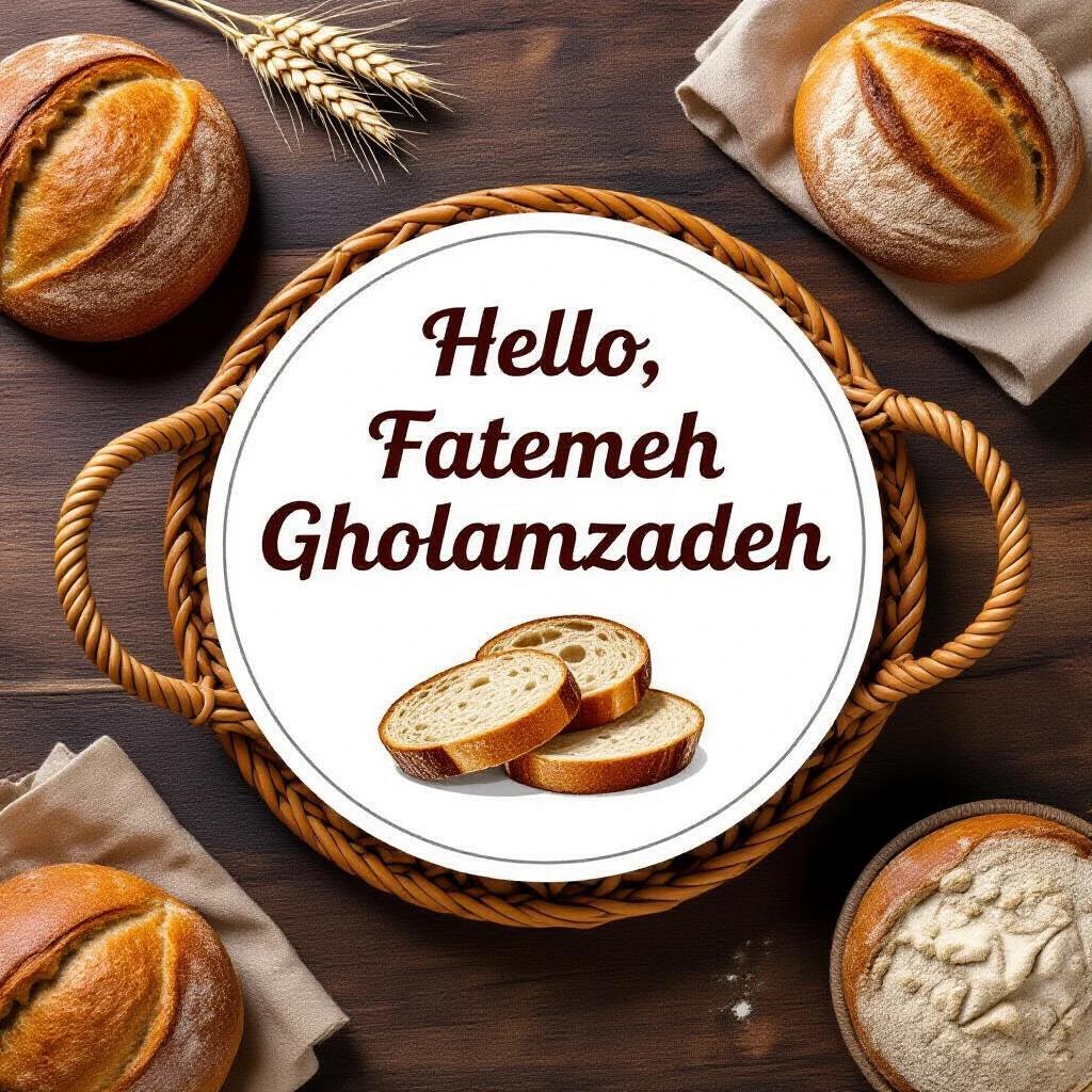 Logo design for Fatemeh Gholamzadeh displayed on a round label over a basket of artisan breads. Include the baker's name prominently.