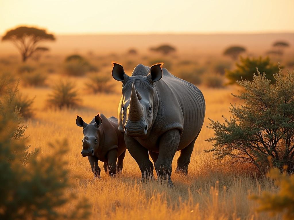 The image shows a mother rhino with her baby in a vast, golden grassland. The sun casts a warm light on the scene, highlighting their thick, textured skin. The mother rhino stands protectively in the foreground, with her iconic horn prominently visible. The baby rhino is slightly behind her, peeking out from the foliage. In the background, scattered bushes and trees create a natural habitat, suggesting a peaceful environment. The colors are rich and vibrant, making the animals stand out beautifully against the landscape. This moment captures the bond between the mother and her calf in their natural setting.