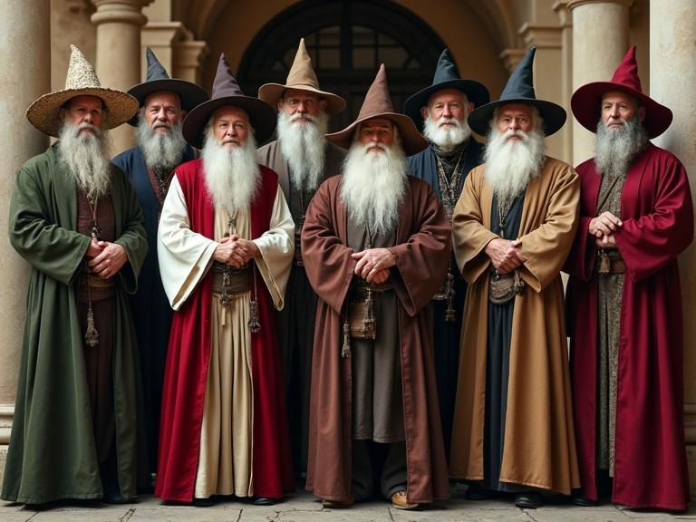 Group portrait of adult wizards from Italian school of magic. Wizards wear white puffed shirts with various colorful outfits. Outfits include robes, leather vests, elegant cloaks in deep reds, greens, blues, browns. Each wizard has unique hats, wands, belts, magical pouches. Scene set in Italian magical school with ancient Mediterranean architecture in background.