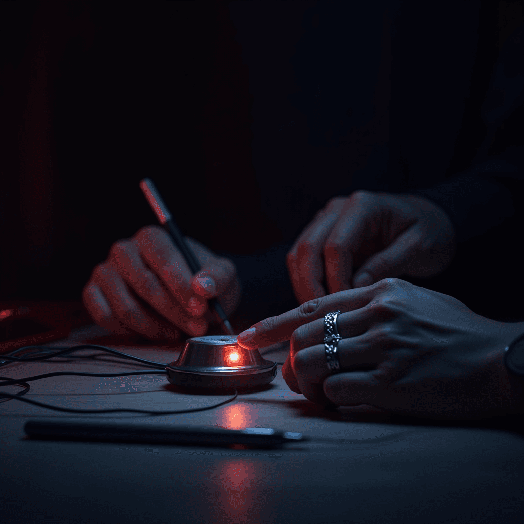 A person is adjusting a glowing, circular device on a table in a dimly lit room.