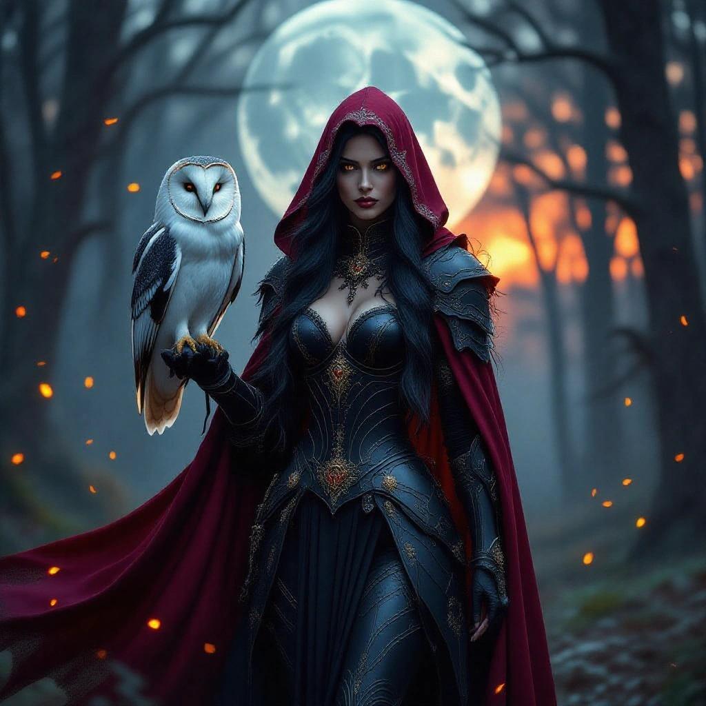 A gothic warrior stands in an enchanted forest. She has long black hair and wears intricate black armor with dark red and gold accents. Her hooded dark red cape flows in the breeze. A white owl with golden eyes perches on her left arm. The background features a full moon and tiny fireflies, creating a mysterious atmosphere.