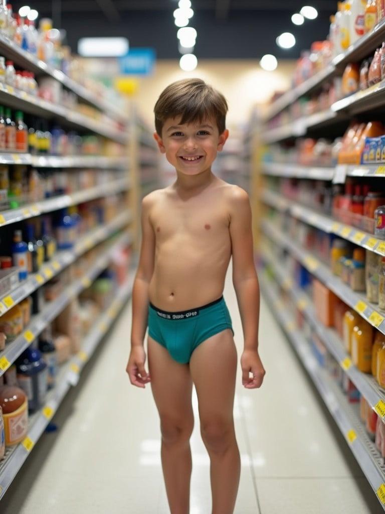 A young boy stands in a grocery store wearing underwear. He is positioned in the aisle surrounded by shelves of products. The store has bright lights and a clean floor. The scene aims to depict a child's experience in a retail environment.