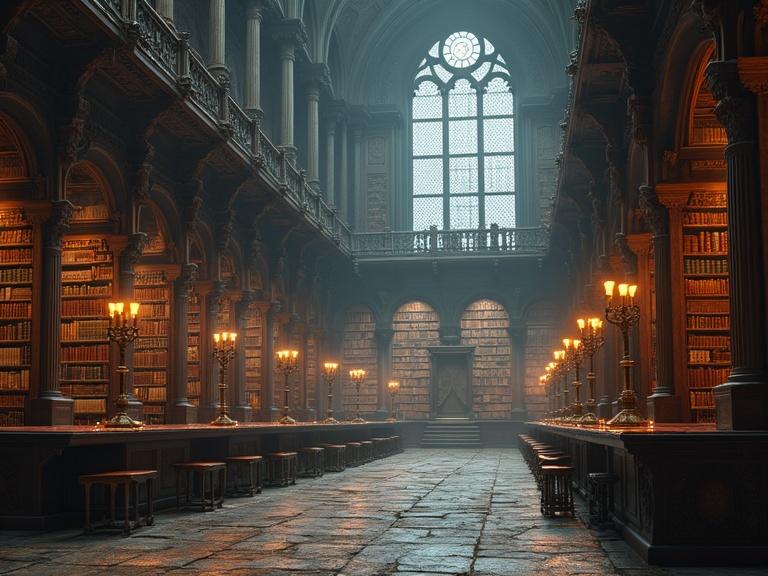 Large ancient library scene. Rich details and soft glow. Photorealistic style. Mystical ambiance. Vast and spacious interior.