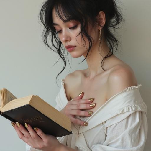 An oil painting of a pale fashionista with no make-up and messy hair wearing white casual grunge goth clothes. She is reading a book and delicately holding it up to face height with one hand. Her other hand is placed flat on her chest displaying her long elegant nails. Her nails are long, almond shaped and made of pure gold, with dark shiny pure golden metal appearance.