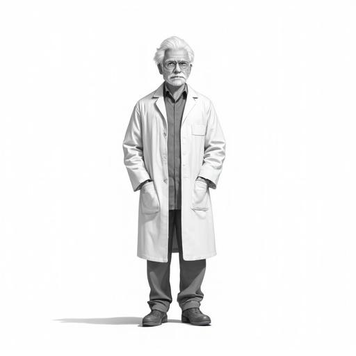 Full body depiction of a scientist in a lab coat standing straight on a white background.