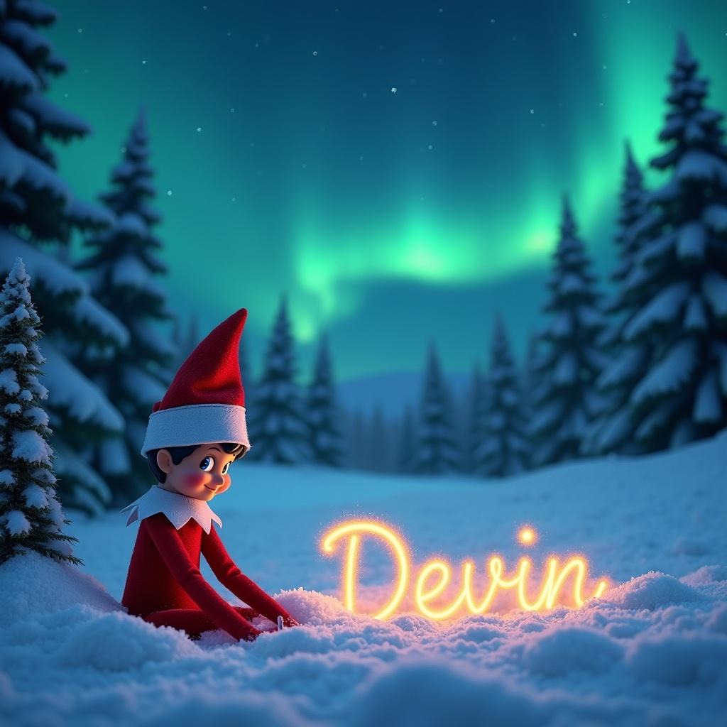 An animated elf from the Elf on the Shelf tradition is sitting in the snow. The elf wears a red outfit and writes the name 'Devin' in cursive. The name is illuminated and magical. A night sky filled with vibrant northern lights is in the backdrop. Snow-covered pine trees frame the scene.