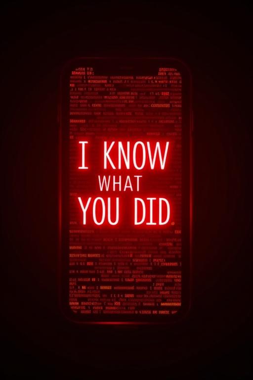 A phone screen glowing red with bold text. Text reads 'I KNOW WHAT YOU DID.' Background filled with glitchy binary code.