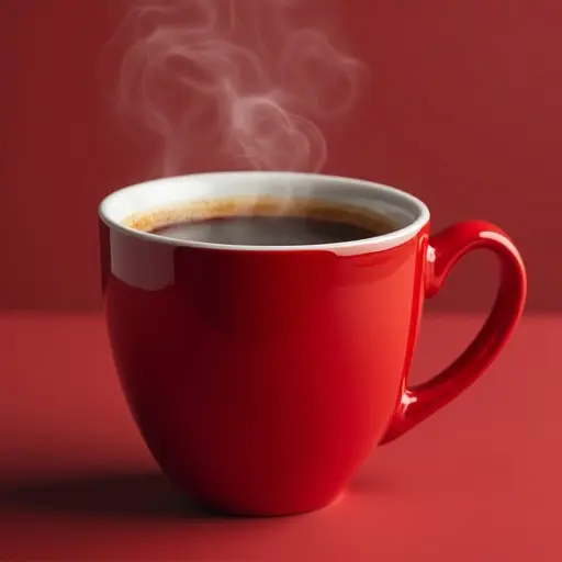 A steaming cup of coffee sits on a red background. The cup is bright red with a white rim. The coffee is dark and aromatic with steam rising from it.