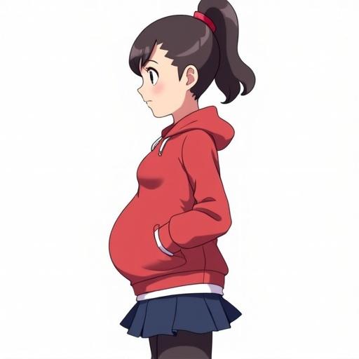 Anime-style illustration depicts a pregnant character. Character has brown hair in a pigtail. She wears a red hoodie with a white shirt underneath. A navy blue mini-skirt paired with leggings completes the look. The character stands in profile against a white background.