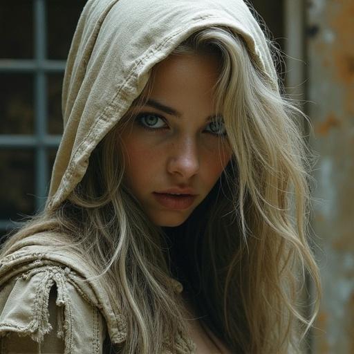 A close-up portrait of a model with soft lighting. The model has long hair and is wearing a beige hooded garment. The background is rustic and out of focus.