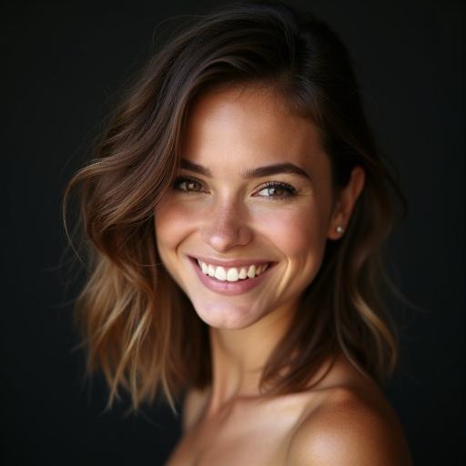 Full body portrait of a smiling young woman with asymmetrical hairstyle. One side has medium-length brown hair. Hair is slightly tousled and parted to the side. Other side features an undercut. Face shows a natural appearance with minimal makeup and clear warm-toned skin. Subtle dimples are present. Soft studio lighting highlights facial contours. Dark blurred background emphasizes her expression. Looking directly at camera with a genuine smile.