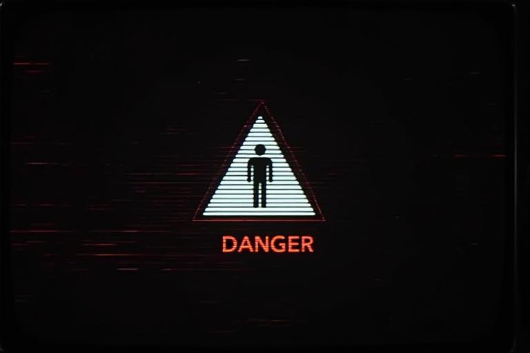 Analog horror warning screen featuring a danger icon on a black background. The design shows a person being pulled into the floor with disturbing VHS glitch effects. The aesthetic embraces horizontal scanlines, a high-resolution style resembling a retro CRT monitor, and minimal design principles. It has a creepy PSA style and evokes the unsettling themes typical of the Mandela Catalogue, creating an eerie liminal atmosphere.