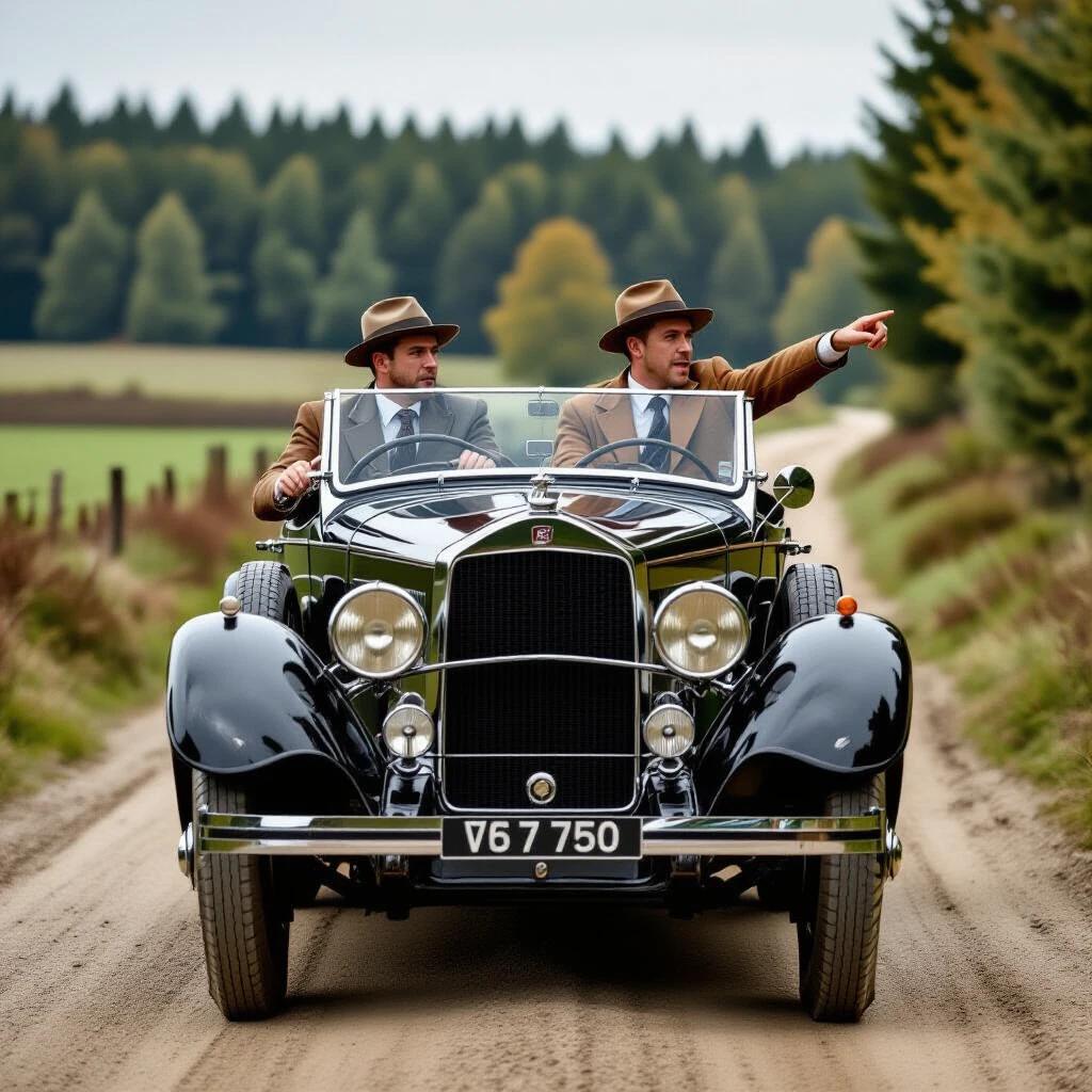 Two men drive a vintage 1930s car on a dirt road. One man holds the wheel tightly while the other points forward. The scene captures a moment of exploration and adventure. The photograph features an authentic grain structure typical of 1930s press photography.