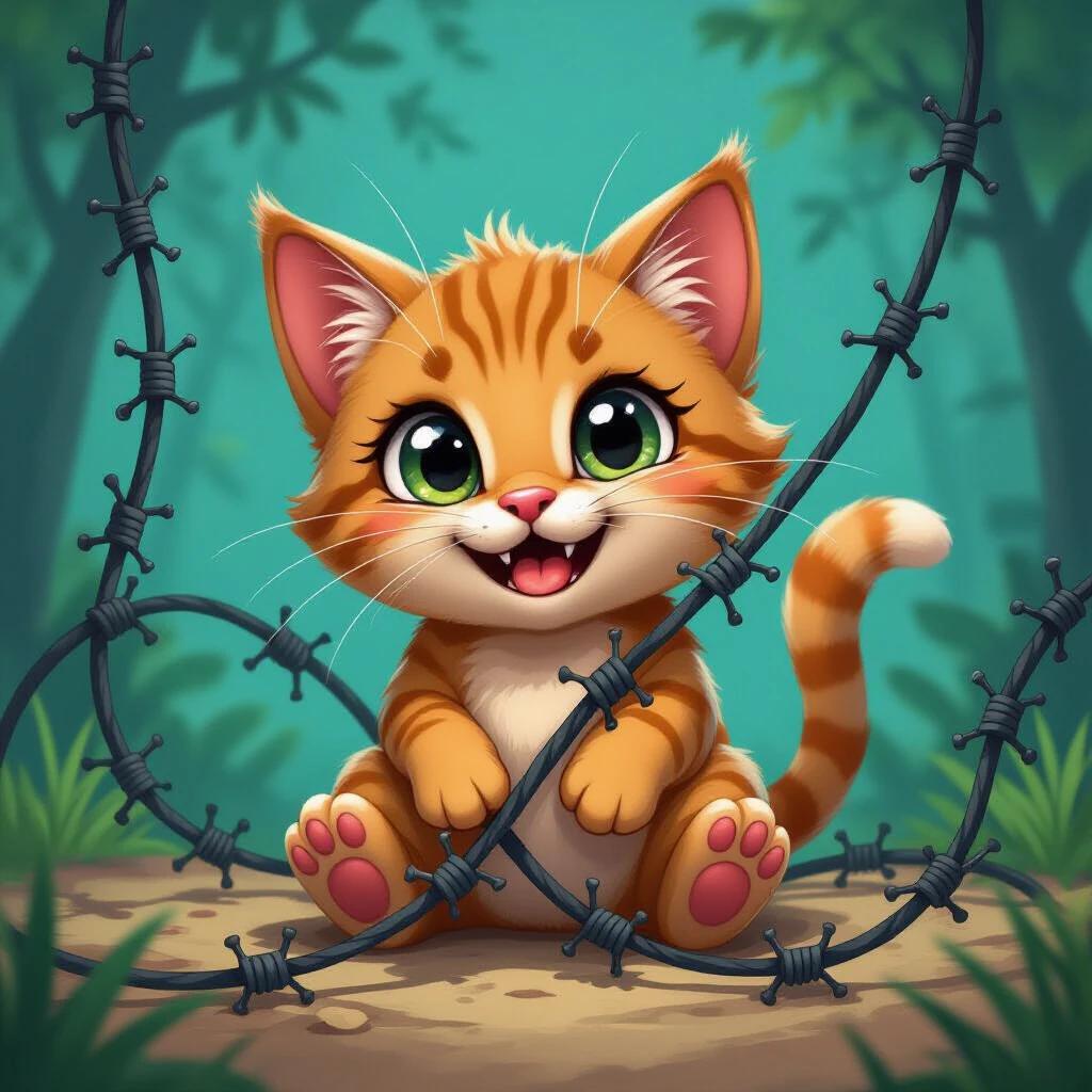 Cartoon art depicting a cute orange kitten sitting happily among barbed wire tentacles in a whimsical forest setting.