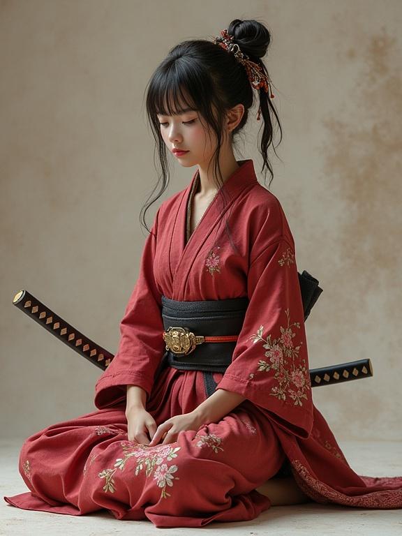 Girl in a red kimono sitting on her knees meditating with a katana resting on her lap. Hair styled elegantly. Background is a soft beige. Focus on traditional attire and serene expression.