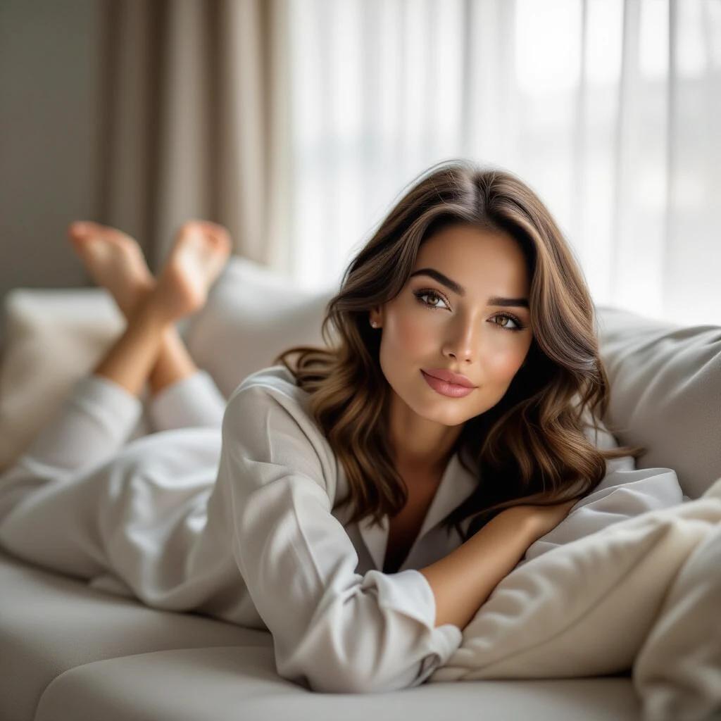Brunette woman with shoulder-length hair wearing light pajamas lying face down on a minimalist sofa. Her feet are slightly elevated. Soft natural light comes through translucent curtains in a modern living room. Close-up captures her relaxed gaze with a serene atmosphere and warm lighting.