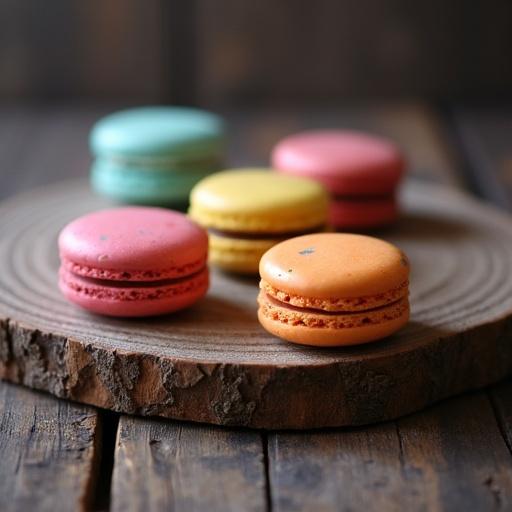 Four colorful macarons are arranged on a rustic wooden surface. The lighting is soft and diffused.