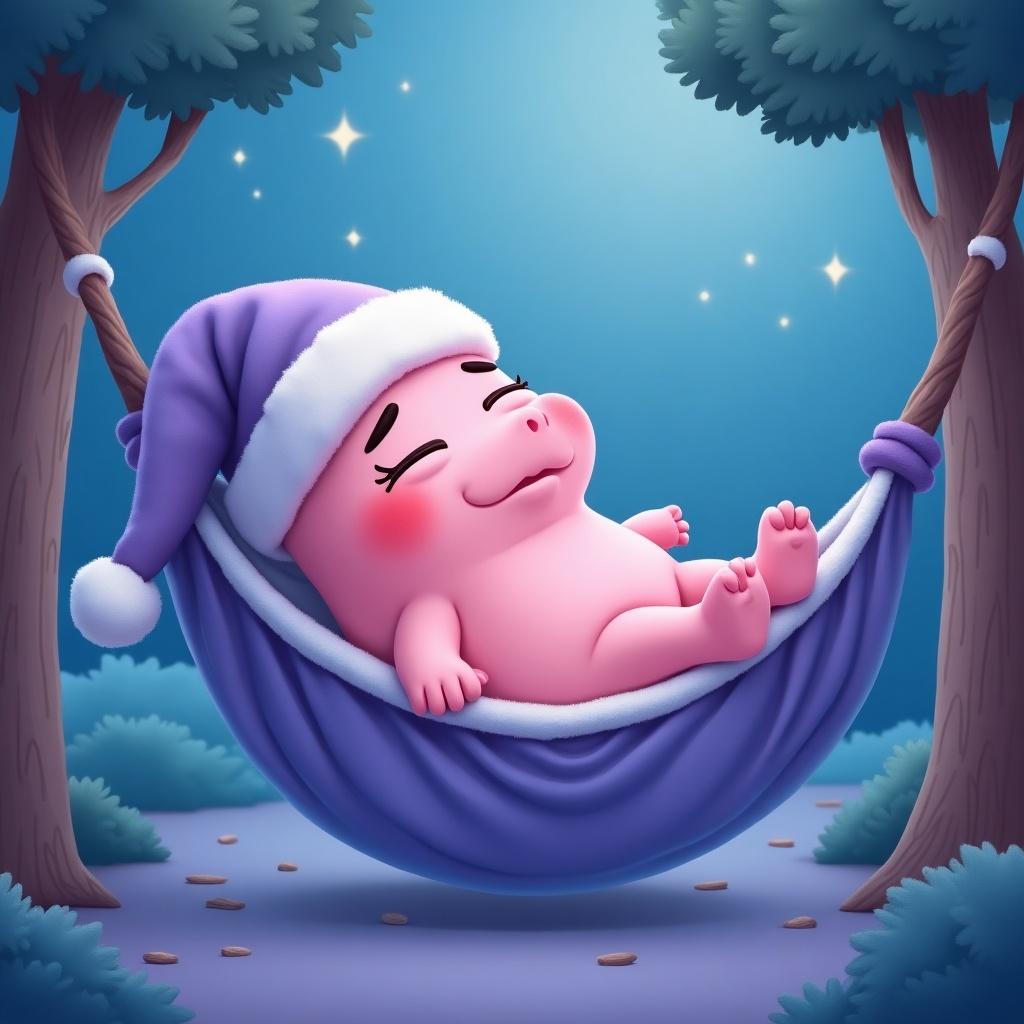 A drowsy Pepe mascot is depicted wearing a cozy nightcap, comfortably lying in a hammock. The scene is painted in soft pastel colors, dominated by calming blues and purples which evoke a sense of tranquility. The character appears blissfully relaxed, with a gentle smile on its face. The surrounding environment features trees that add to the serene atmosphere. Sparkling stars can be subtly seen in the background, enhancing the dreamlike quality of the image.