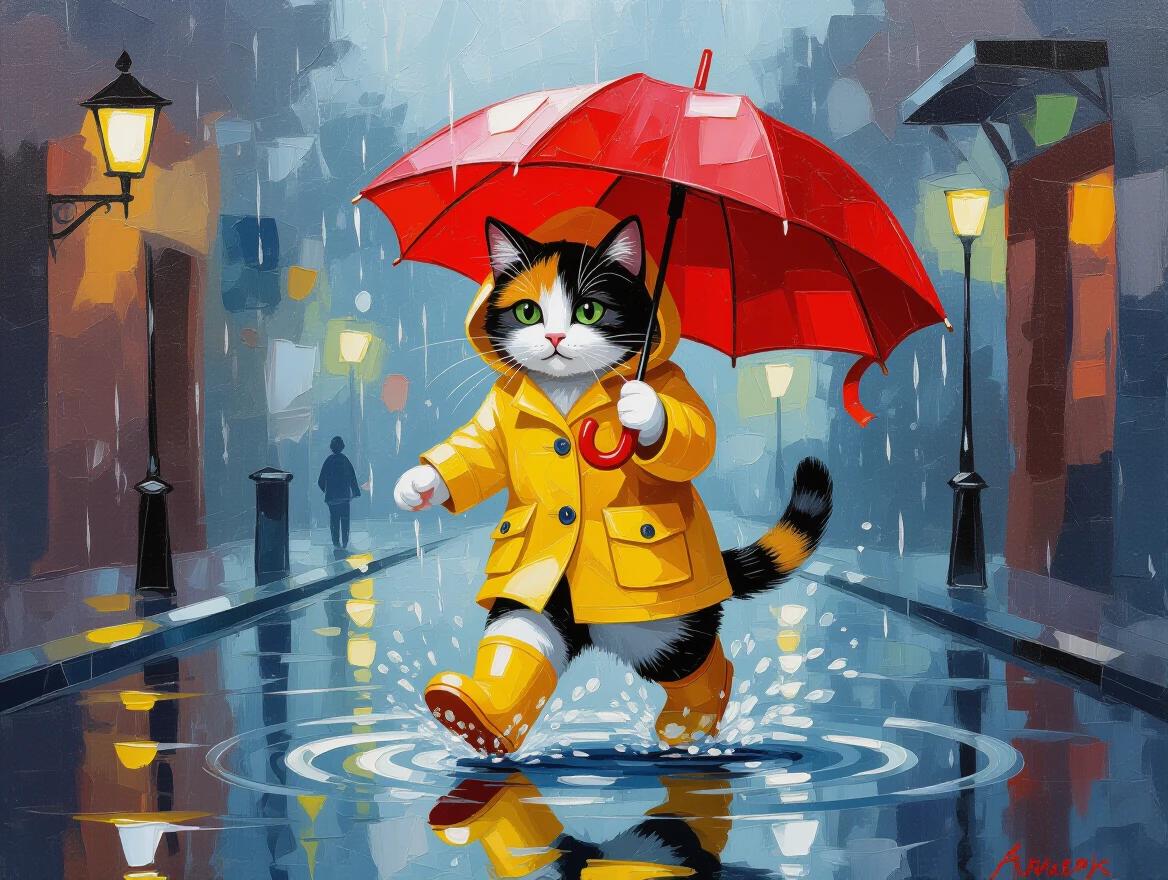 Detailed image of a small calico cat wearing a bright yellow raincoat and boots. The cat is holding a red umbrella. It jumps in a puddle on a rainy day. Vibrant rain and reflections on the path add motion. Texture and colors evoke warmth and playfulness. Expressive brushstrokes reflect Post-Impressionism style.