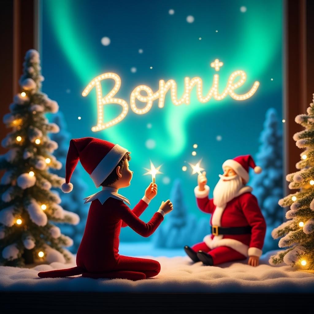 An enchanting Christmas scene features an elf on the shelf sitting with his back to the viewer. He is facing the sky, using a magic wand to write the name ‘Bonnie’ in glowing letters against a vibrant backdrop of northern lights. In the background, Santa is seen elegantly scripting the name 'Delia' with his own wand. The setting is filled with snowy trees and twinkling fairy lights, creating a cozy festive atmosphere. The overall vibe is magical and joyful, celebrating the spirit of Christmas and imagination.