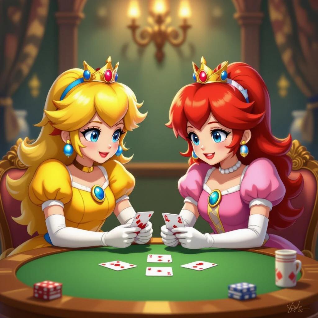 Princess Peach and Princess Daisy engage in a friendly card game. Both princesses wear elegant dresses with distinct colors. A poker table sets the scene. Cards are held in their hands. The background features a luxurious room. Warm lighting creates a cozy atmosphere.