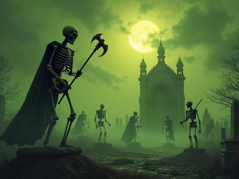 An ultra-detailed landscape image showing a creepy graveyard with yellow-green fog. The moonlight shines through dark storm clouds. A majestic mausoleum stands in the background. Seven undead skeletons are in the scene. The central skeleton uses a halberd. Other skeletons have unique armor and various melee weapons. The fog swirls around them, enhancing the chilling atmosphere. The detailed textures of stone and armor add depth.