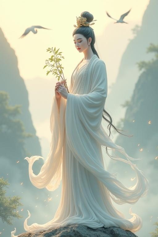 White-Robed Guanyin Bodhisattva standing on an immortal mountain. Draped in flowing white robes. Holding a pure vase and willow branch. Surrounded by soft sunlight in a mythical Eastern cultivation landscape. Hazy ink-wash style. Illusory cranes in the background. Low-saturation tones with vibrant accents. Tranquil expression. Dramatic light and shadow effect. Misty bamboo realm background with golden light specks. Designed for children's book cover. High definition.