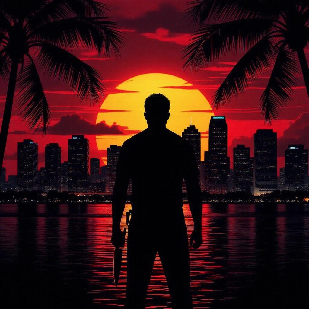 No text. Dark Miami cityscape at sunset. Ominous silhouette with a knife. Dramatic vibe.
