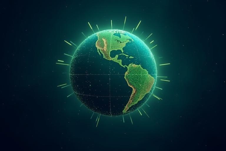 A dark blue starry background. A glowing globe of Earth is at the center. The globe emits glowing green connection lines. Subtle green particles represent growth and renewal. A massive glowing sphere symbolizes a futuristic theme.