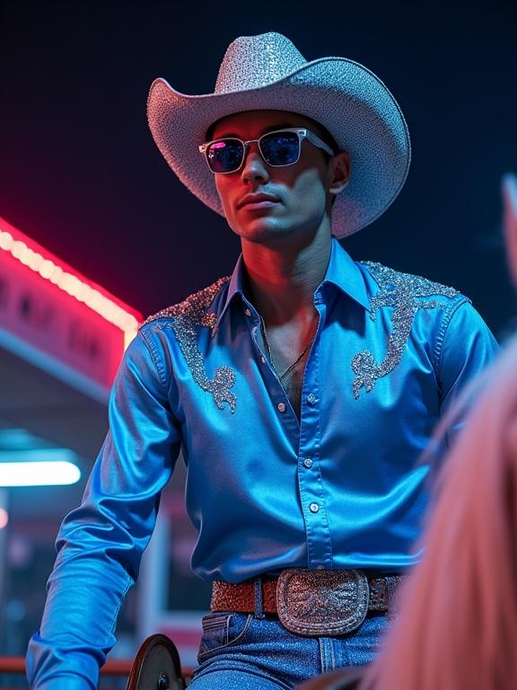 Close-up photograph of a handsome cowboy wearing glittery blue jeans, silver sunglasses, blue silk shirt with rhinestones, large silver hat with diamonds, sitting atop a rhinestone horse. Night background features neon stars and an 80s aesthetic, full of sparkles and luxuries.