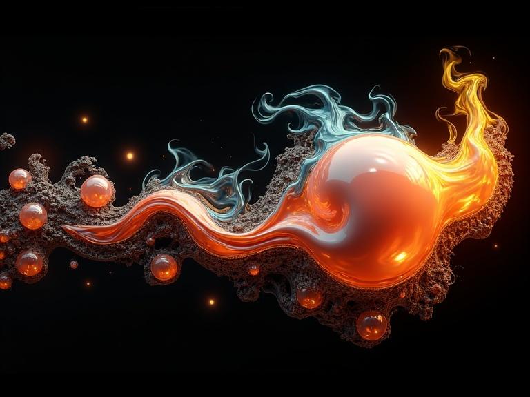 A sharply focused image features a bulbous abstract form against a black background. The form has a pearlescent surface reflecting orange glow. It trails smaller globules emitting colorful flames of yellow, blue, and teal. Other liquid-like shapes show purple, gold, and white flames. Intricate dark structures entwine around the forms, catching the orange light. Lighting creates contrast between fiery shapes and black background.