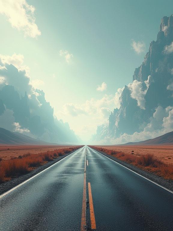 An abandoned road leads into an endless void. The world breaks into jagged geometric patterns. The road is straight and dissolves into a fractured grid. The horizon is split by sharp angular shapes. The sky shows a patchwork of broken geometry. A subtle glitch effect distorts the edges. Reality appears to crack apart in an unsettling way.