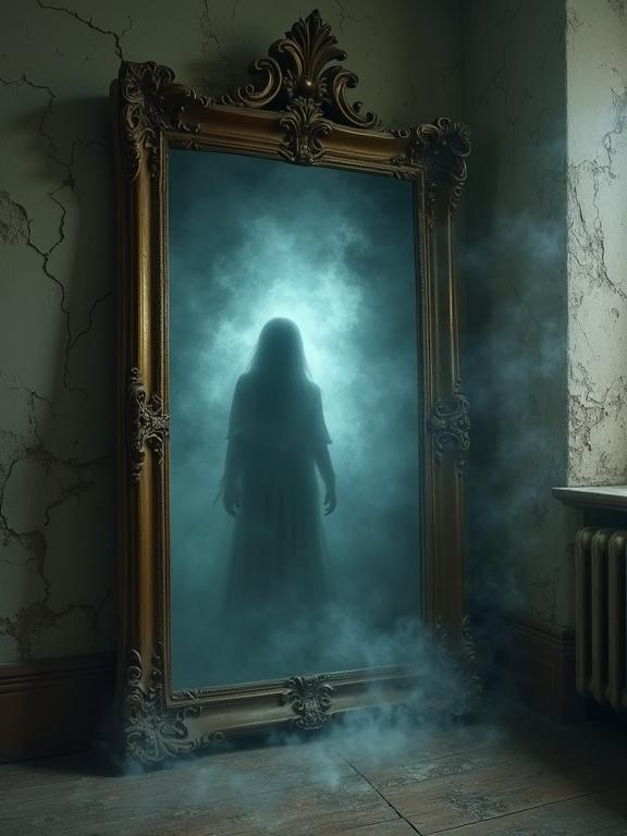 Ghostly spirit appears in an ornate mirror with a smoky quality in a spooky gothic mansion. Ancient room filled with dust and tension. Mirror possesses a glow with a cracked surface. Background features cracked walls and cobwebs. Unsettling atmosphere fills the scene with whispers.