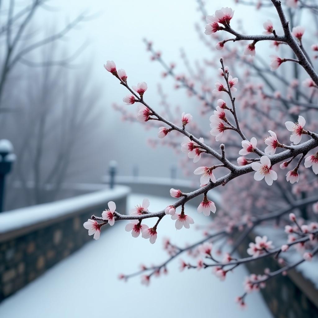 Plum blossoms bloom at the beginning of winter. Branches with pink buds and white petals. Frost beads on the petals. Sparse dead branches and stone walls with frost in the background. The scene is cool and quiet, bright blossoms against gray and white. Petals falling and more snow.