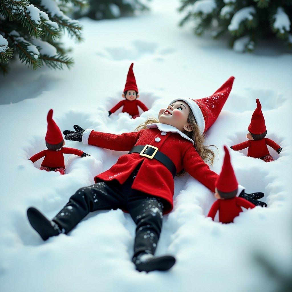 Elf making snow angel in snow surrounded by red elves. Child in Santa costume lying on snow. Red and black colors dominate the scene.