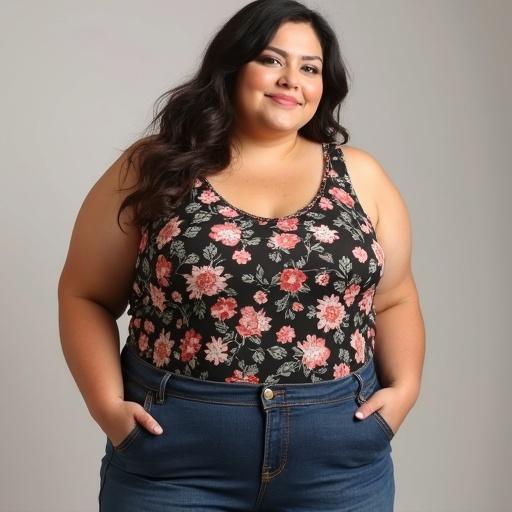 Portrait of a confident woman wearing a floral tank top and jeans. She has long hair and is posing with hands on hips. The background is neutral and soft.