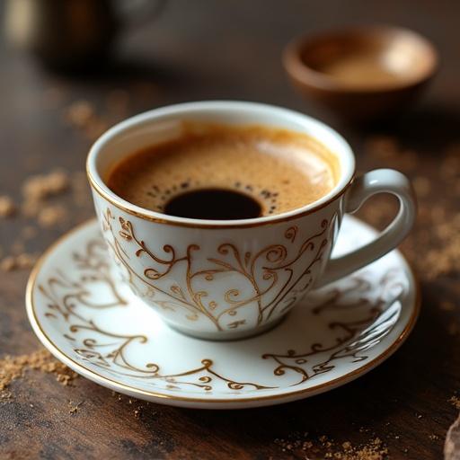 Cup of coffee with intricate branch designs. Coffee emanating beautifully from the cup. Surrounded by elements of Islamic civilization. Rich color and artistic detail are prominent.
