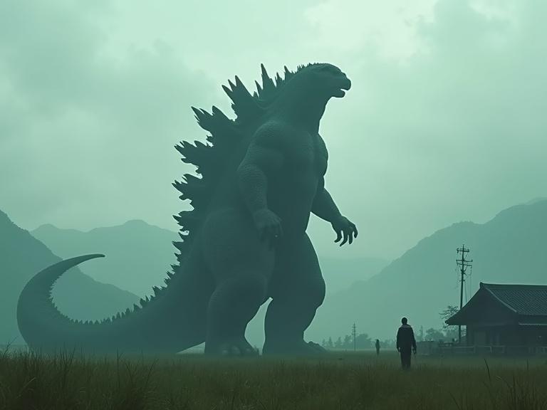 A massive silhouette of Godzilla stands 300 feet tall against a foggy backdrop. Thick and bulky with dark grey skin. Huge dorsal plates protrude from its back. It moves across a grassy area near a small village with tiny figures. Mountains loom in the background under a cloudy sky. The scene has an atmospheric depth with shadows and realistic textures.