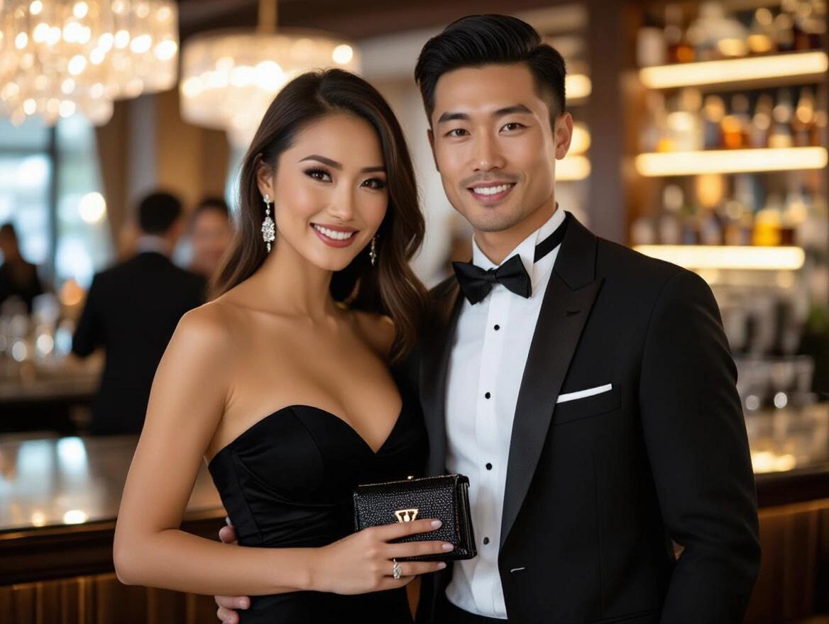Brunette woman wearing a black strapless cocktail dress. She is hugging a man in a tuxedo. Woman holding a small black purse. Setting is a bar at a work party. Dress shows her curves elegantly.
