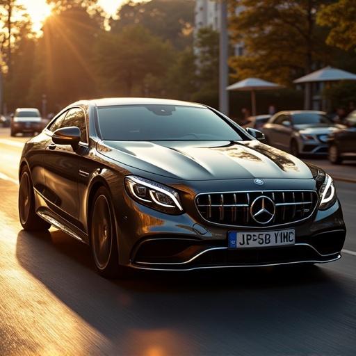 Mercedes car designed with golden accents on a city street during golden hour.