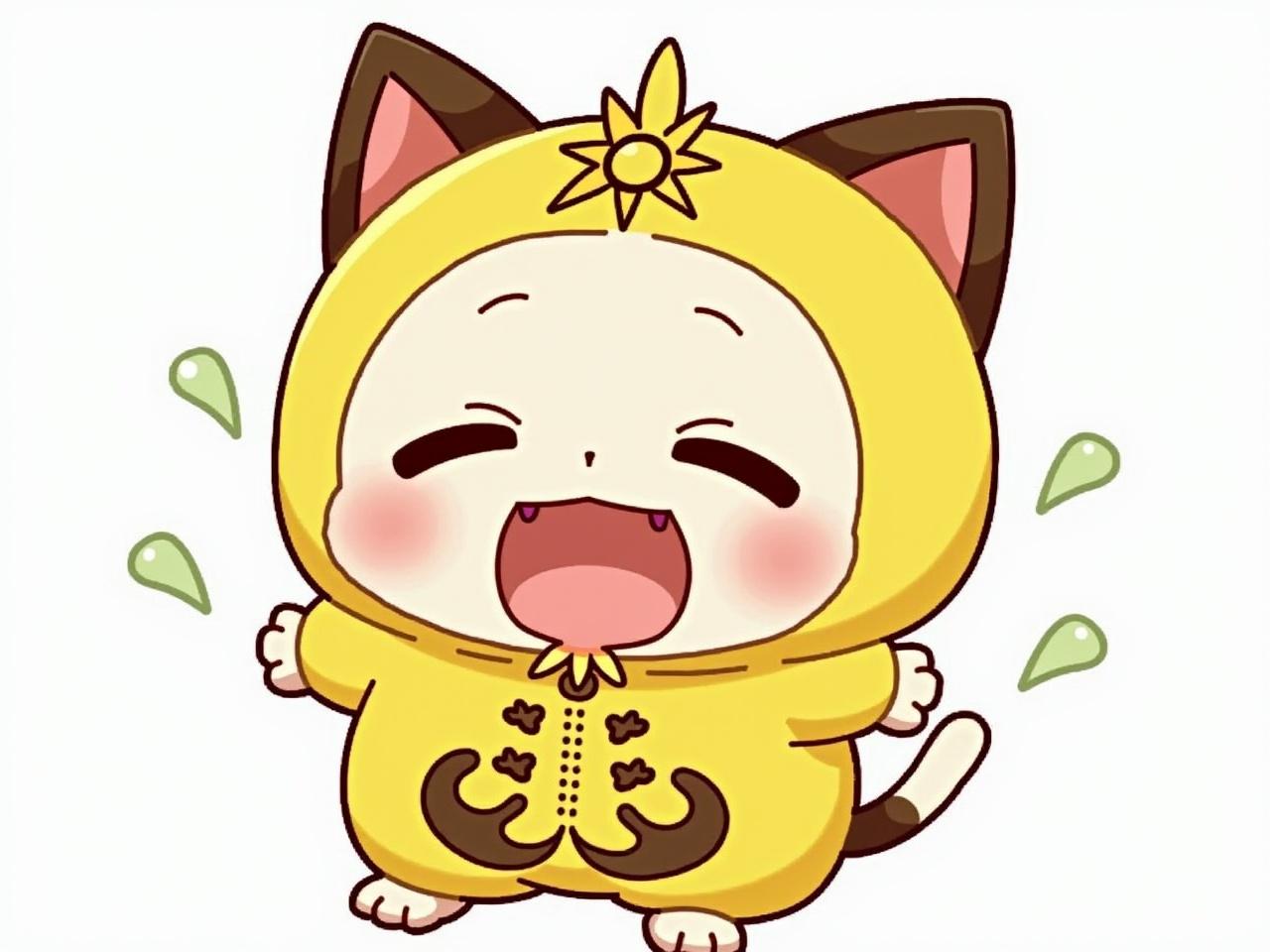 The image depicts an animated character resembling a cat. It has a large, round head with big eyes and a wide, happy mouth. The character is dressed in a vibrant, yellow outfit with intricate details, including a sun-like emblem at the top of the head. Its ears are pointed, and it seems to be excited or joyful. The design is colorful and whimsical, appealing to fans of animations or cartoons.