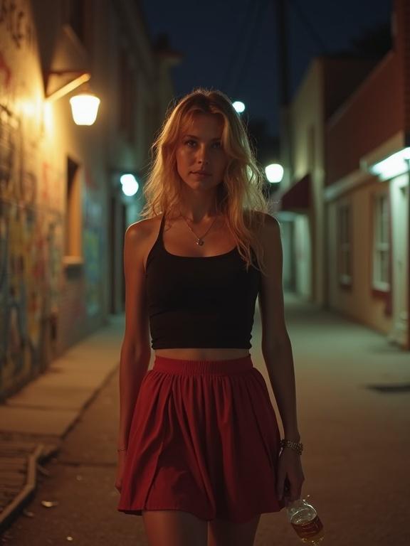 Image of a woman in a mini pleated skirt and tank top walking at night in an alley. Graffiti on walls surrounds her. A sense of urban lifestyle and vulnerability is conveyed in a low resolution style.