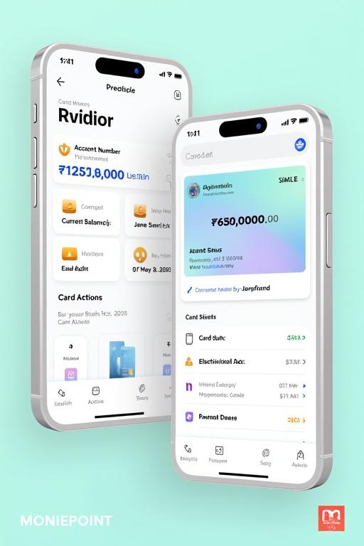 Moniepoint personal banking dashboard displayed on two iPhones. Show account holder name and details. Include recent transaction list and card management options. Use a clean layout and modern design.
