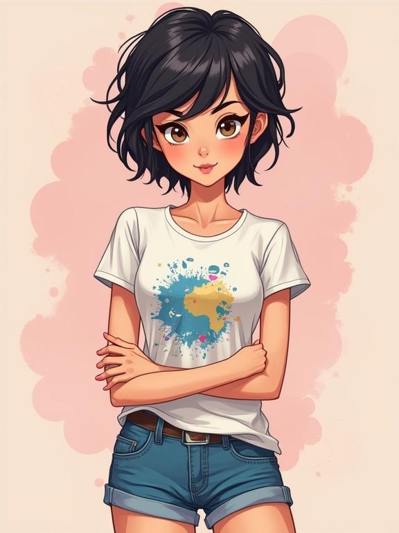 A trendy character wearing a graphic t-shirt and denim shorts is presented. The character is styled with a cute and impish look. Soft and diffused lighting enhances a comic book art style. The design focuses on fashion elements appealing to a youthful audience.