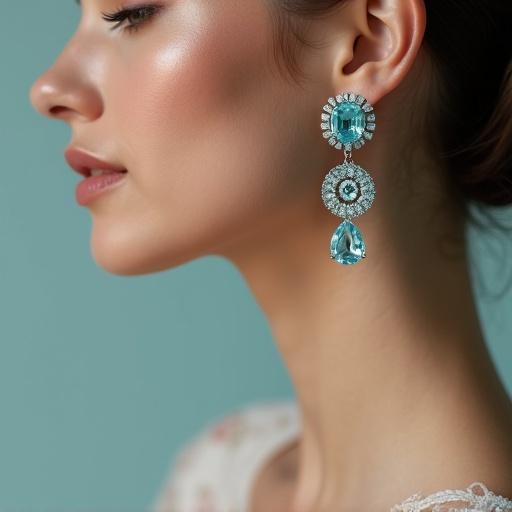 Close-up shot shows elegant female model wearing aquamarine gemstone jewelry. Model has minimal makeup. Soft studio lighting used. Background is neutral or pastel. Focus on sparkling gemstones and their details. Style reflects high-end fashion. Small size stones featured in jewelry design.