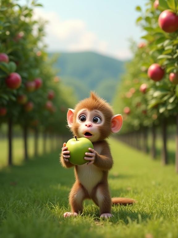 A detailed scene in an apple orchard depicting a young monkey on the ground holding a green apple. The monkey has light brown fur and a lighter beige face with dark wide-open expressive eyes. Facial expression shows shock with a slightly open mouth and wide eyes. The monkey leans backward slightly with one arm holding the apple. Rows of apple trees with green leaves and ripe apples are visible under soft natural daylight, with green hills in the background and lightly clouded sky.